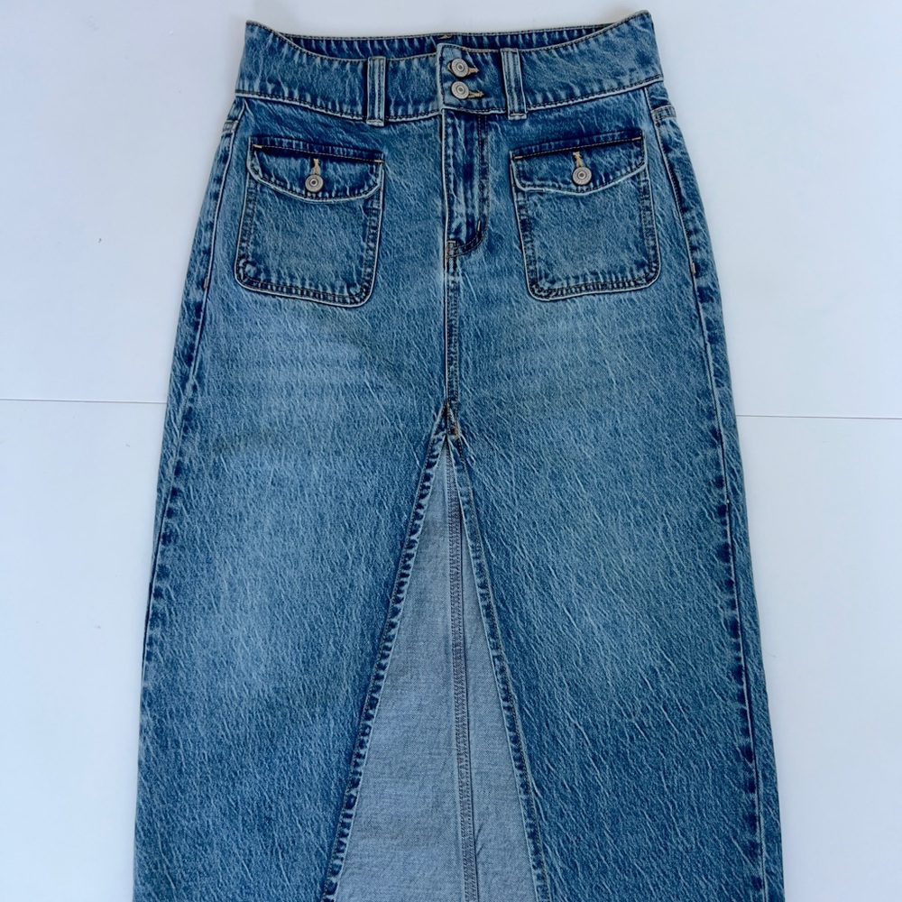 We the free Denim Midi Skirt with Front Slit - Blue